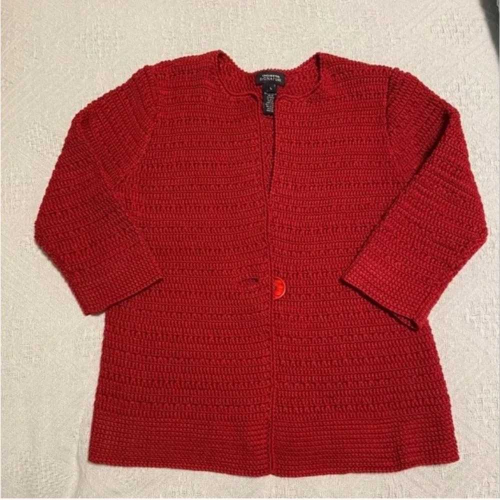 Gorgeous Red Sweater Jacket; Never Worn; Heavy Cotton Knit; Large; 3/4 Sleeves - Picture 5 of 13